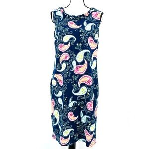 TALBOTS size Medium Navy Blue Cotton Paisley Sleeveless Shift Ruffled Neck Dress